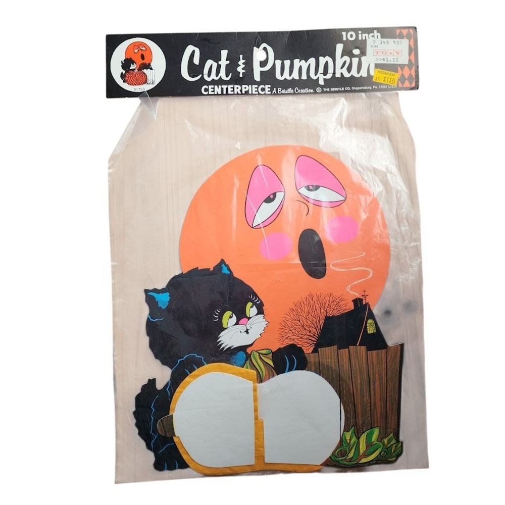 BEISTLE VINTAGE 70s Cat & Pumpkin Honeycomb Centerpiece Halloween Decoration 10"